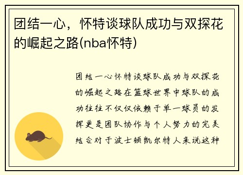 团结一心,怀特谈球队成功与双探花的崛起之路(nba怀特)