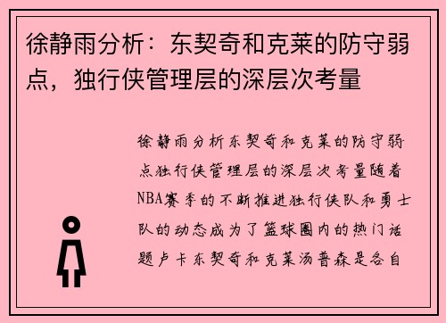 徐静雨分析:东契奇和克莱的防守弱点,独行侠管理层的深层次考量