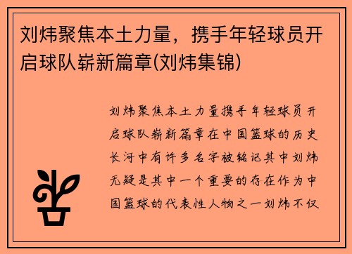 刘炜聚焦本土力量,携手年轻球员开启球队崭新篇章(刘炜集锦)