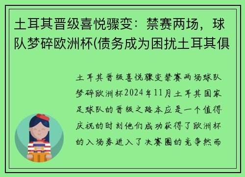 土耳其晋级喜悦骤变:禁赛两场,球队梦碎欧洲杯(债务成为困扰土耳其俱乐部的首要心病)