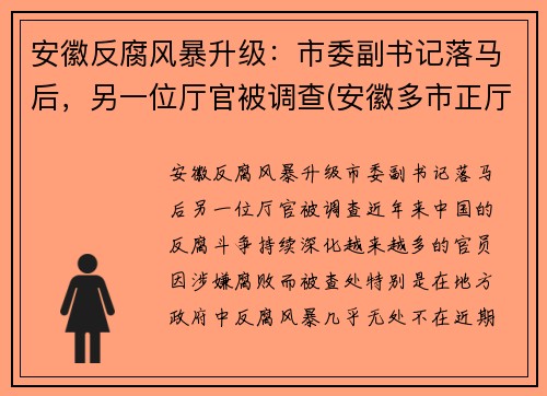 安徽反腐风暴升级：市委副书记落马后，另一位厅官被调查(安徽多市正厅领导调整)
